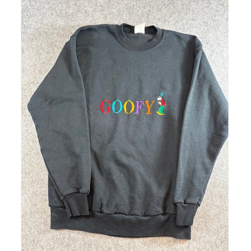 VINTAGE 90s Disney Goofy Sweatshirt Mens Black Spellout Crewneck Fleece Large